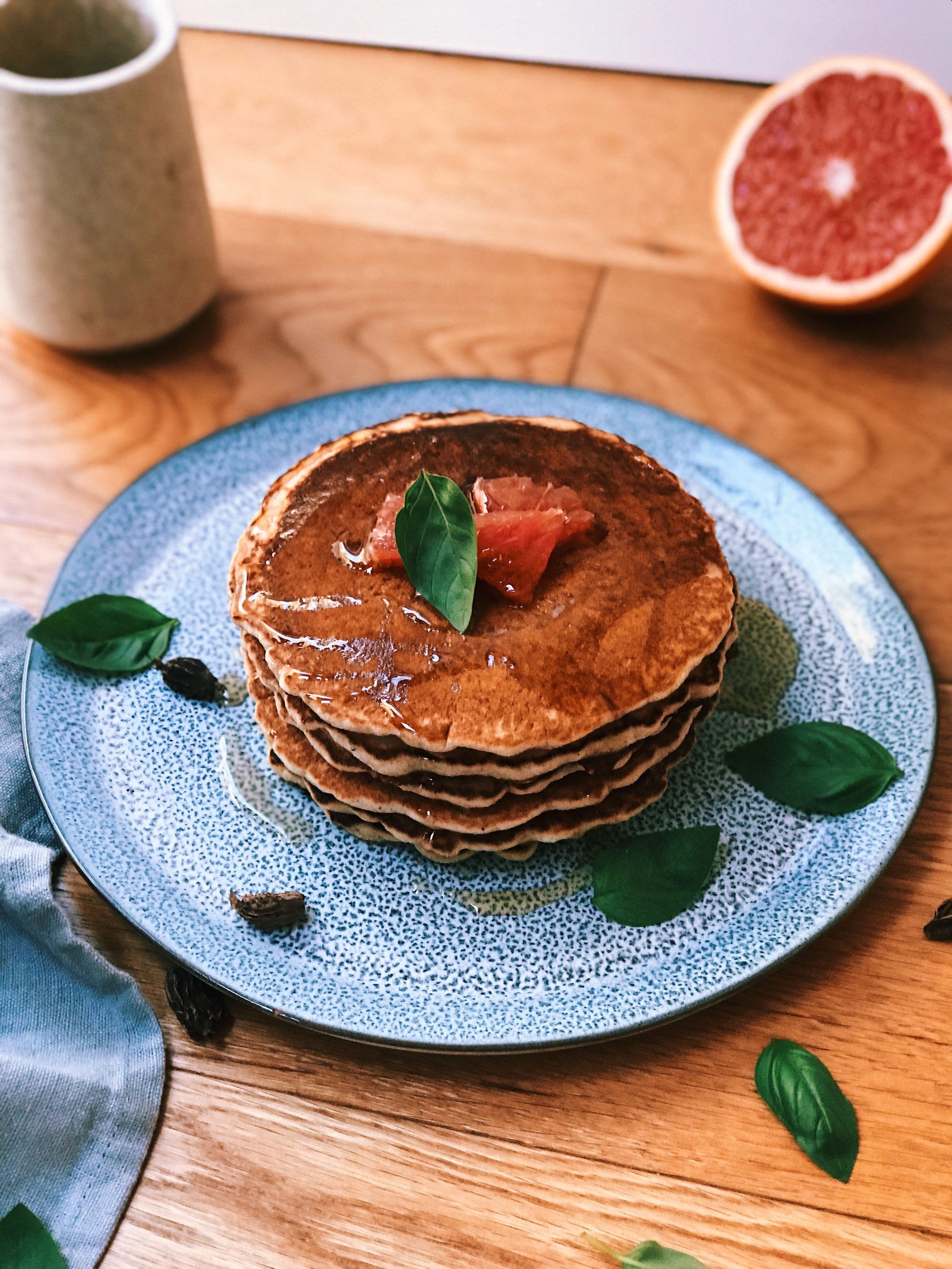 Cardamom Pancakes with Grapefruit Basil Syrup